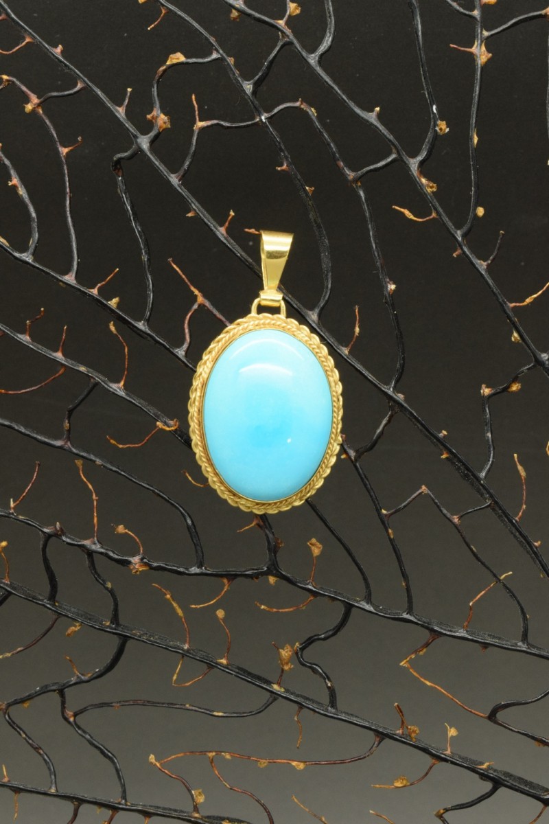 Pendentif Camée Tête De Cheval En Pâte De Turquoise Et Or 14kt - Gravure Main - Italie