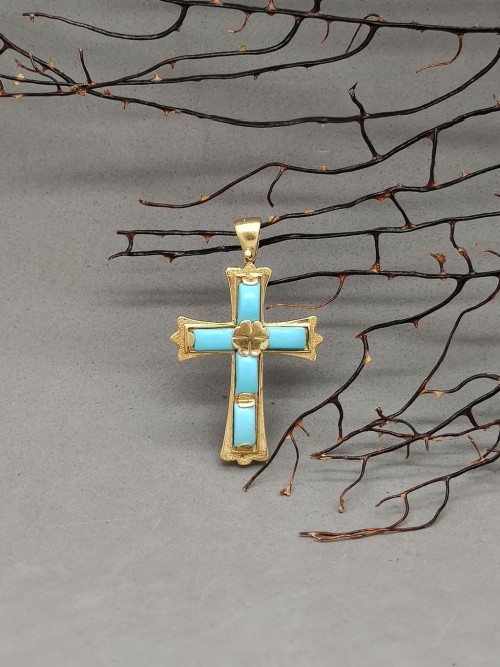 Croce in Pasta di turchese 4 fiori e oro 18k