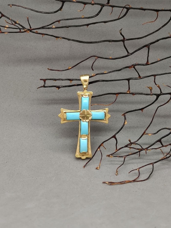 Croce in Pasta di turchese 4 fiori e oro 18k