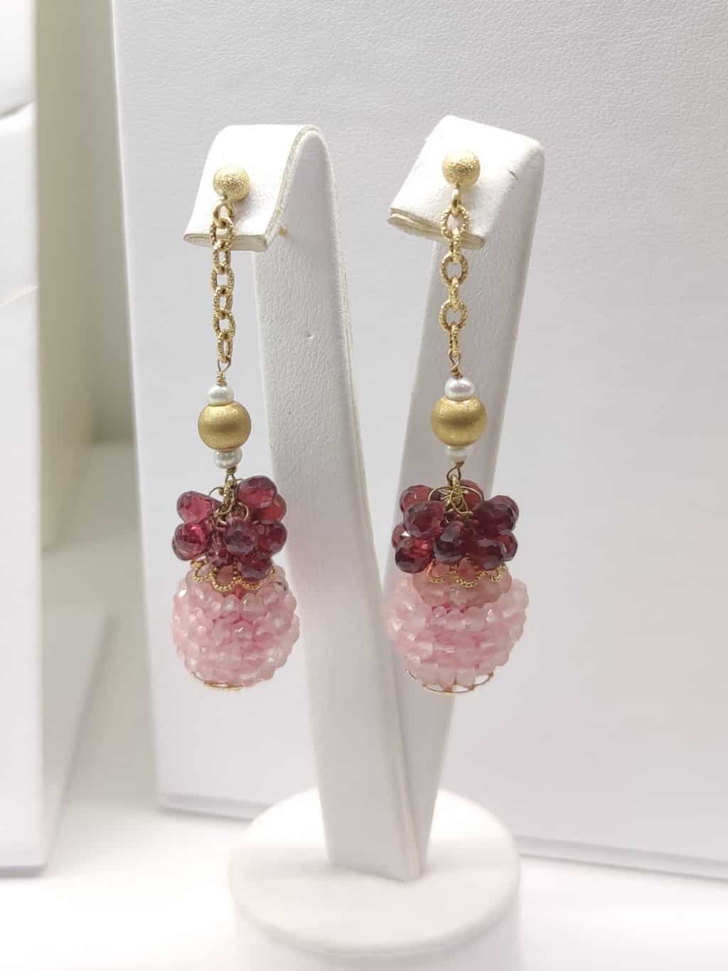 ORECCHINI-GRAPPOLO-PIETRE -ROSA-QUARZO-RUBELLITE-ORO